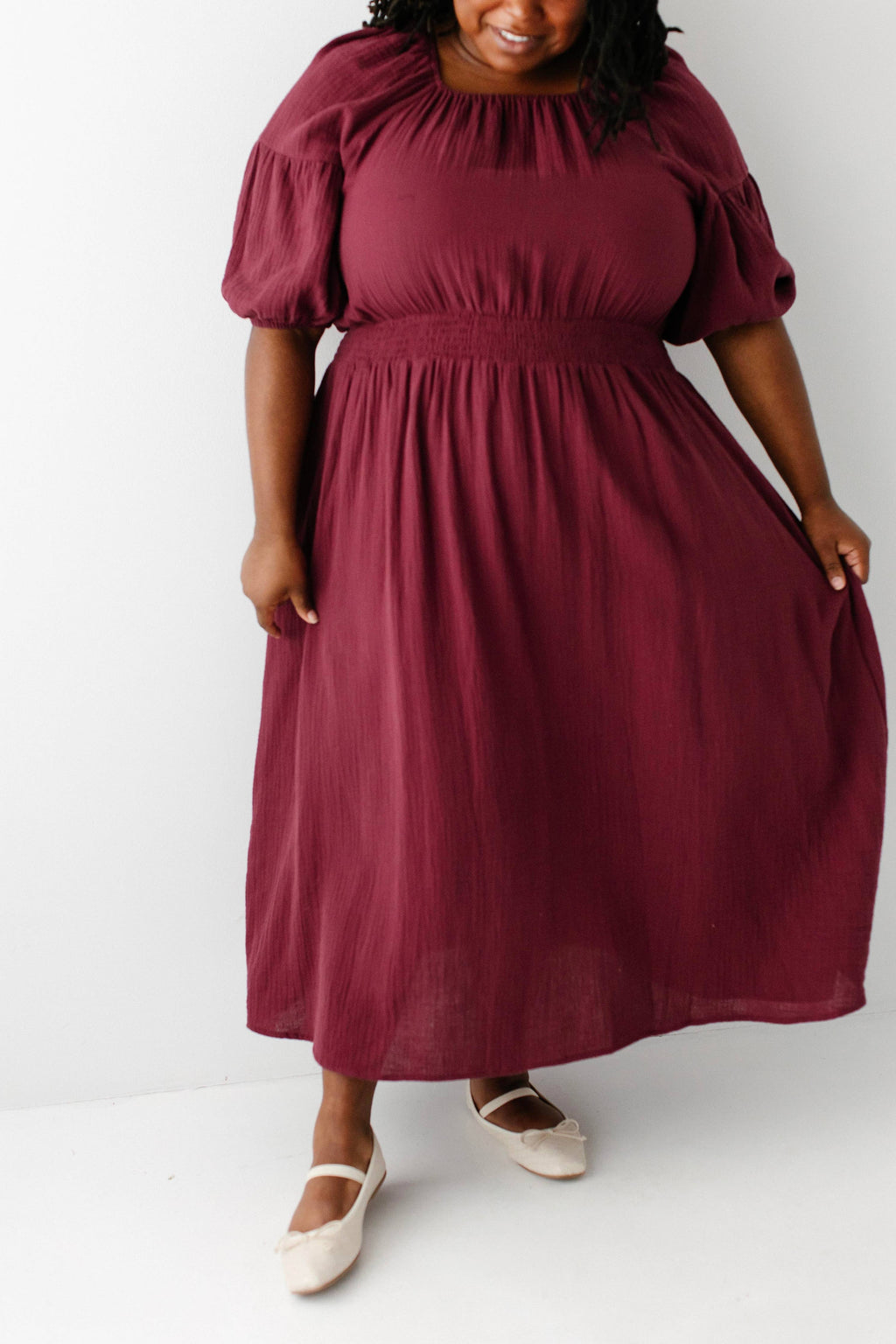 Midikleid aus Baumwollgaze mit eckigem Ausschnitt, Bordeaux