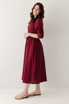Midikleid aus Baumwollgaze mit eckigem Ausschnitt, Bordeaux
