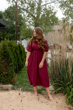 Midikleid aus Baumwollgaze mit eckigem Ausschnitt, Bordeaux