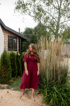 Midikleid aus Baumwollgaze mit eckigem Ausschnitt, Bordeaux
