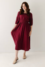 Midikleid aus Baumwollgaze mit eckigem Ausschnitt, Bordeaux