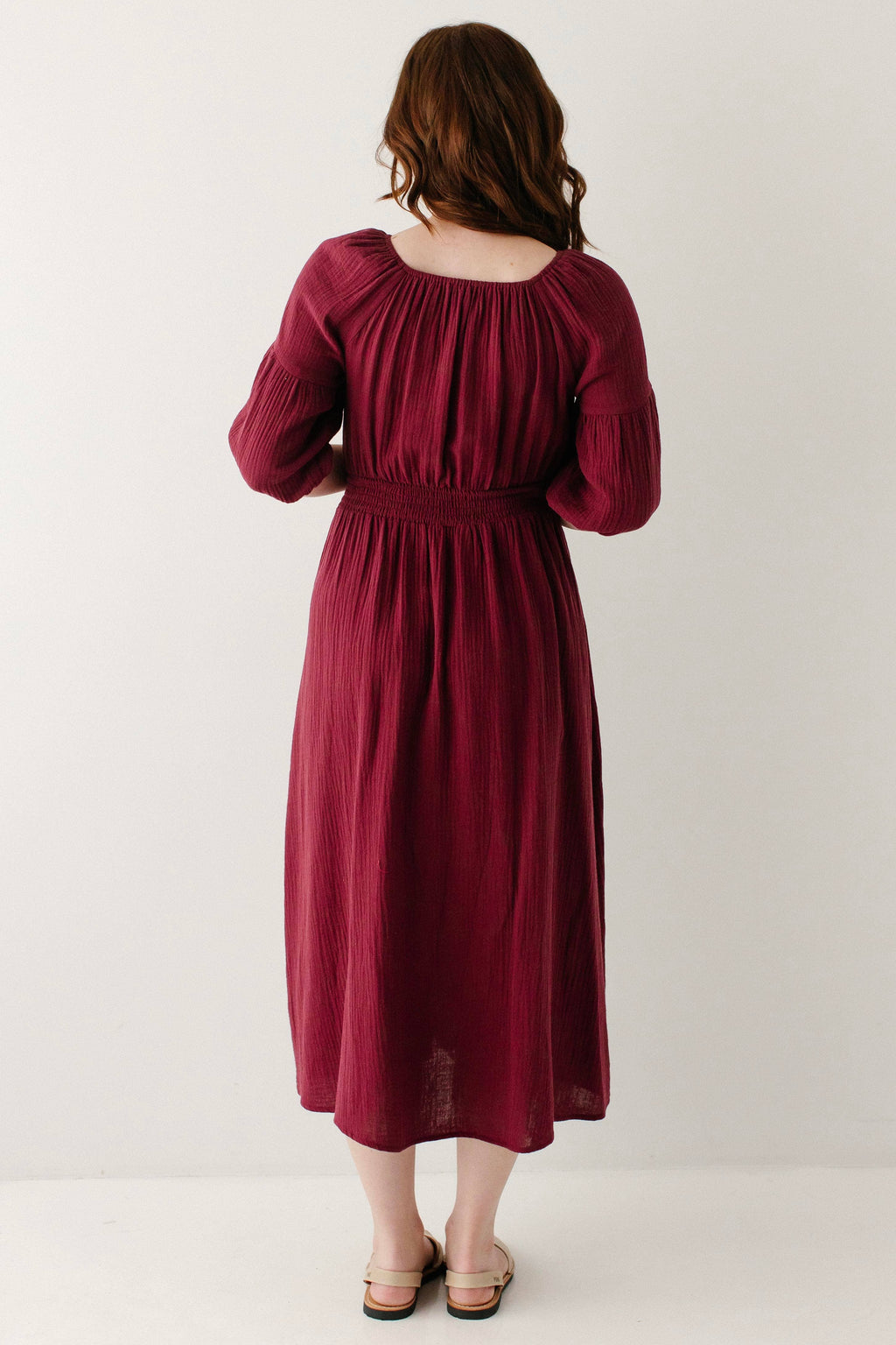 Midikleid aus Baumwollgaze mit eckigem Ausschnitt, Bordeaux
