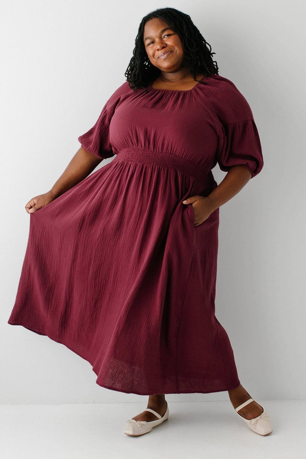 Midikleid aus Baumwollgaze mit eckigem Ausschnitt, Bordeaux