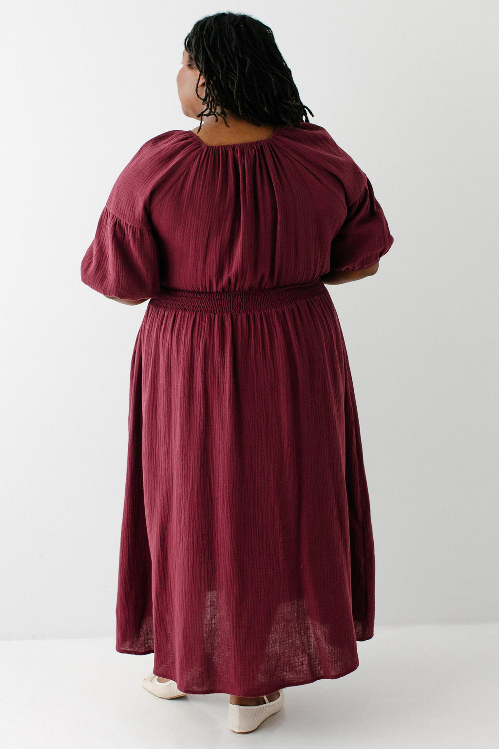 Midikleid aus Baumwollgaze mit eckigem Ausschnitt, Bordeaux