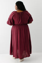 Midikleid aus Baumwollgaze mit eckigem Ausschnitt, Bordeaux